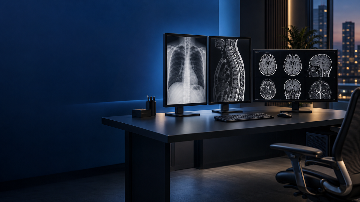 Illustrative radiology reading room with portrait diagnostic displays and a landscape monitor in a navy and blue workspace.