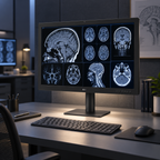 LG 32HQ713D-B diagnostic monitor in radiology workstation setup