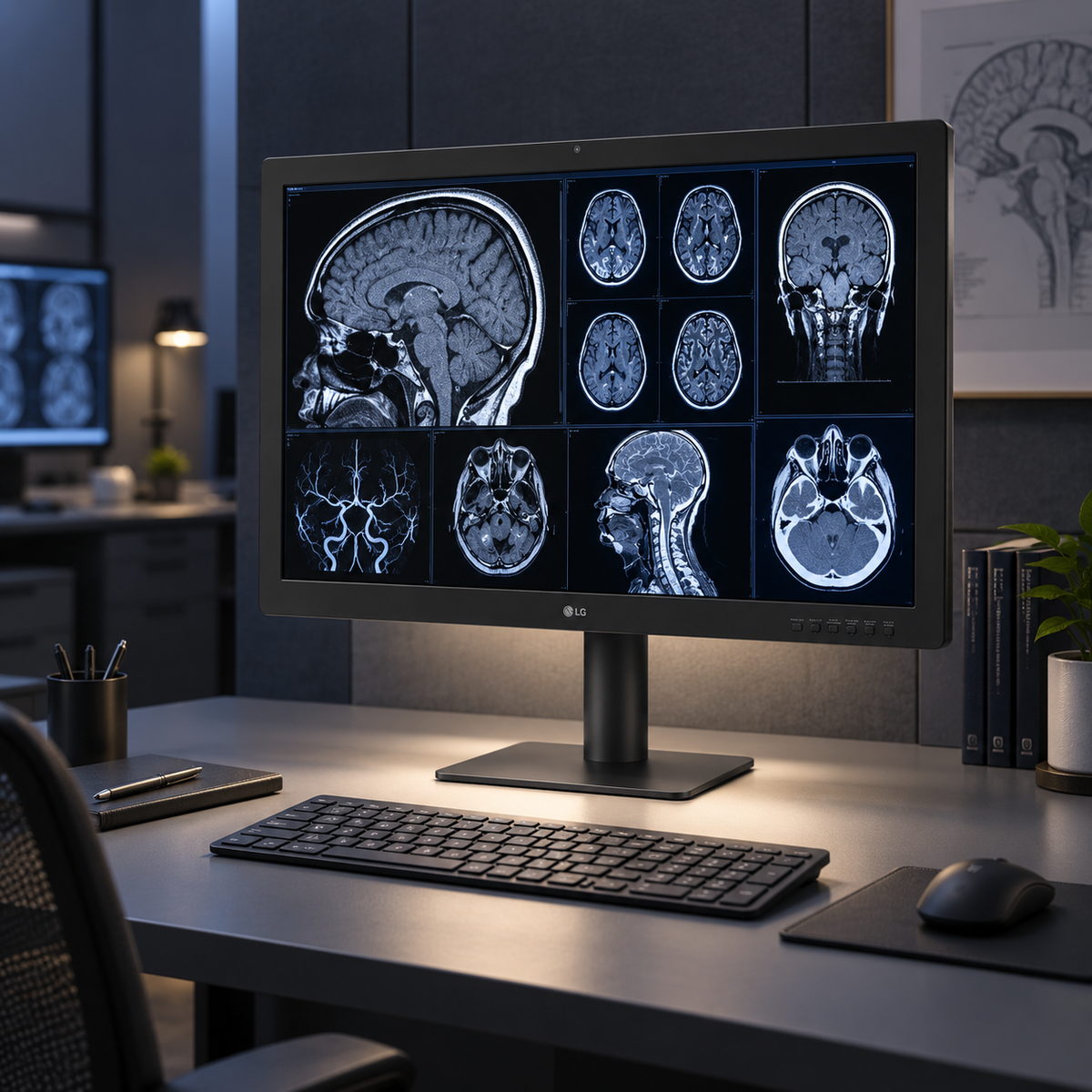 LG 32HQ713D-B diagnostic monitor in radiology workstation setup