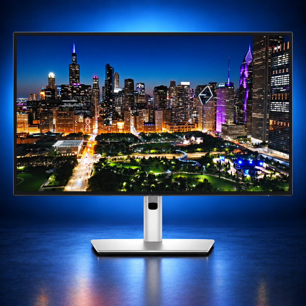 Dell UltraSharp U3225QE 31.5-inch 4K Thunderbolt worklist monitor front view displaying a cityscape