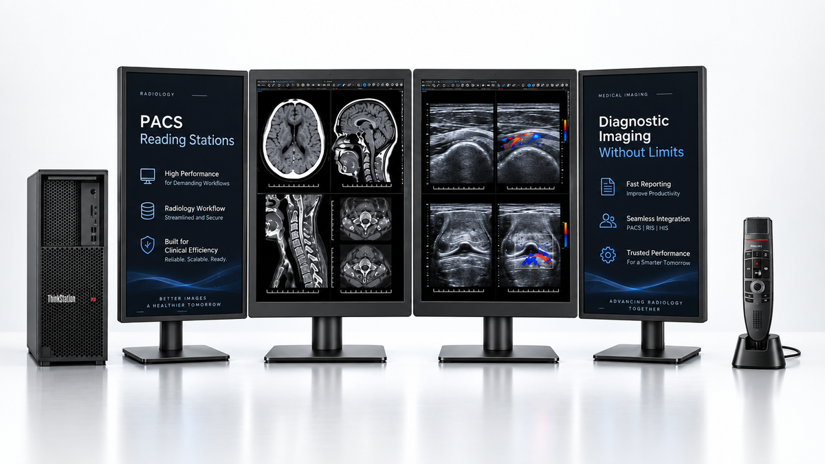 Complete PACS reading station with medical displays, worklist monitors, a workstation PC and dictation equipment