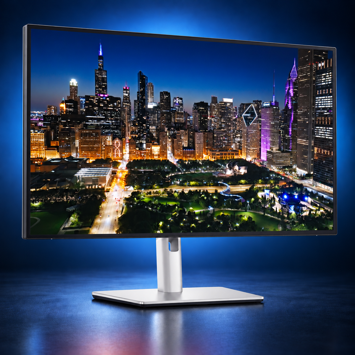 Dell UltraSharp U3225QE 31.5-inch 4K Thunderbolt worklist monitor front view displaying a cityscape