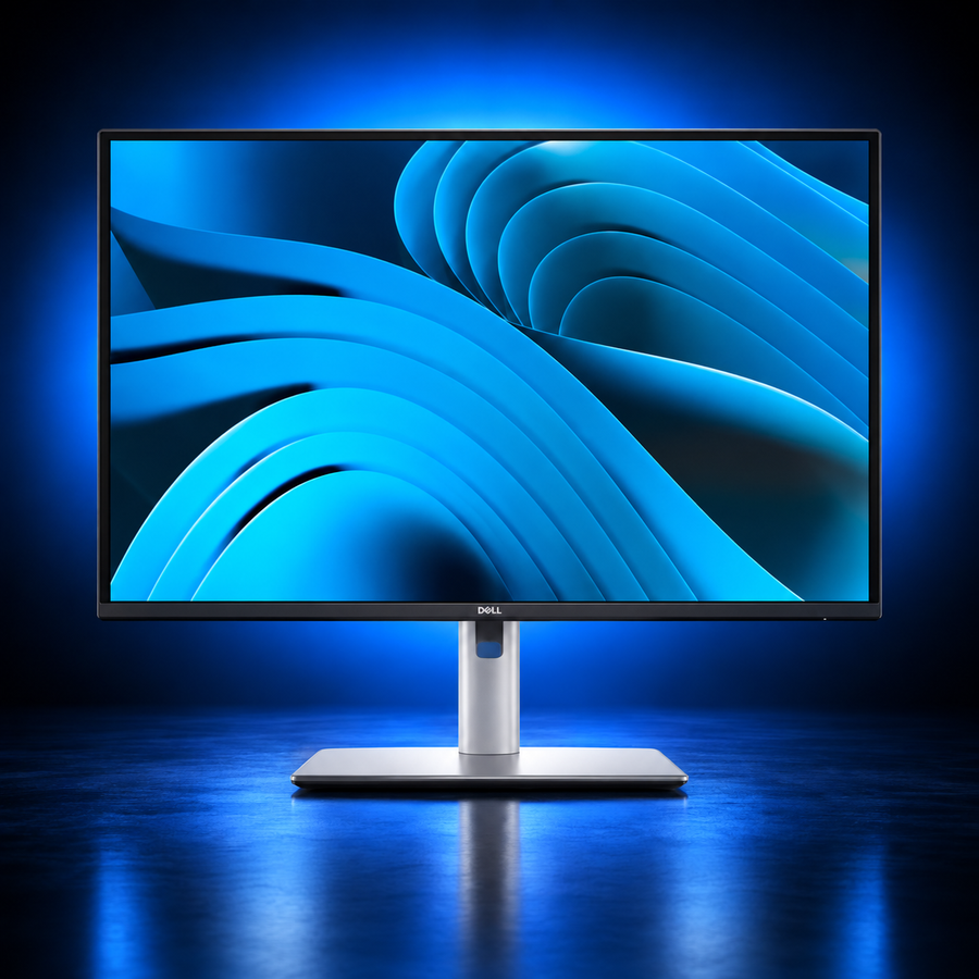 Dell P2725DE monitor front view with silver stand and blue display