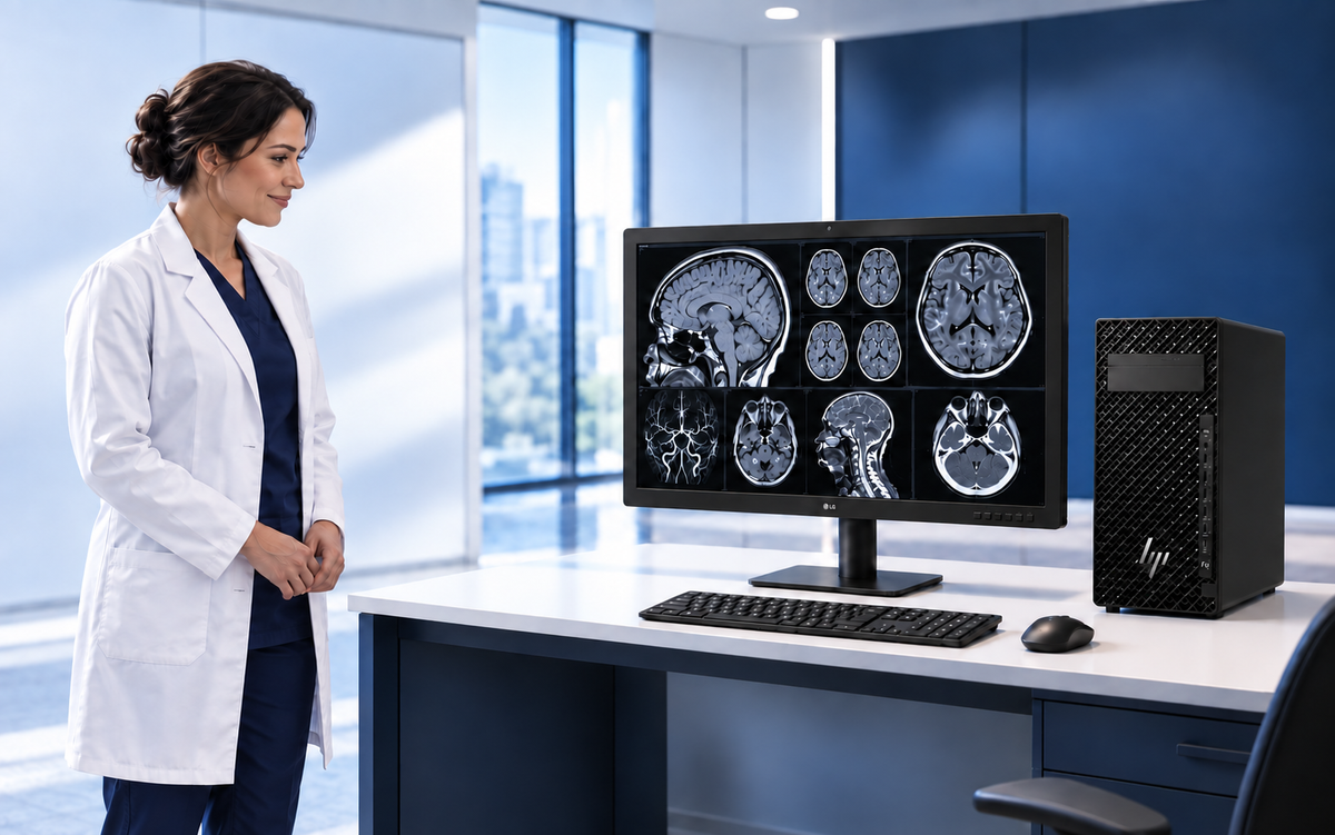 Professional radiology reading workstation with medical imaging displays