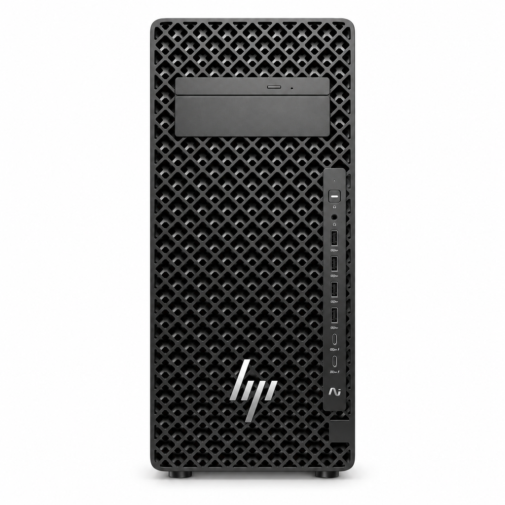 HP Z2 G1i Tower front view with diamond ventilation grille, USB connections and silver HP logo on a plain white background.