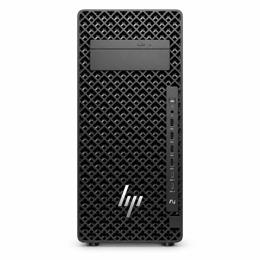 HP Z2 G1i Tower front view with diamond ventilation grille, USB connections and silver HP logo on a plain white background.