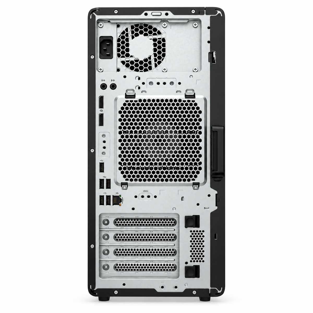 HP Z2 G1i Tower rear view showing power inlet, ventilation, USB, Ethernet, display ports and expansion slots on white.