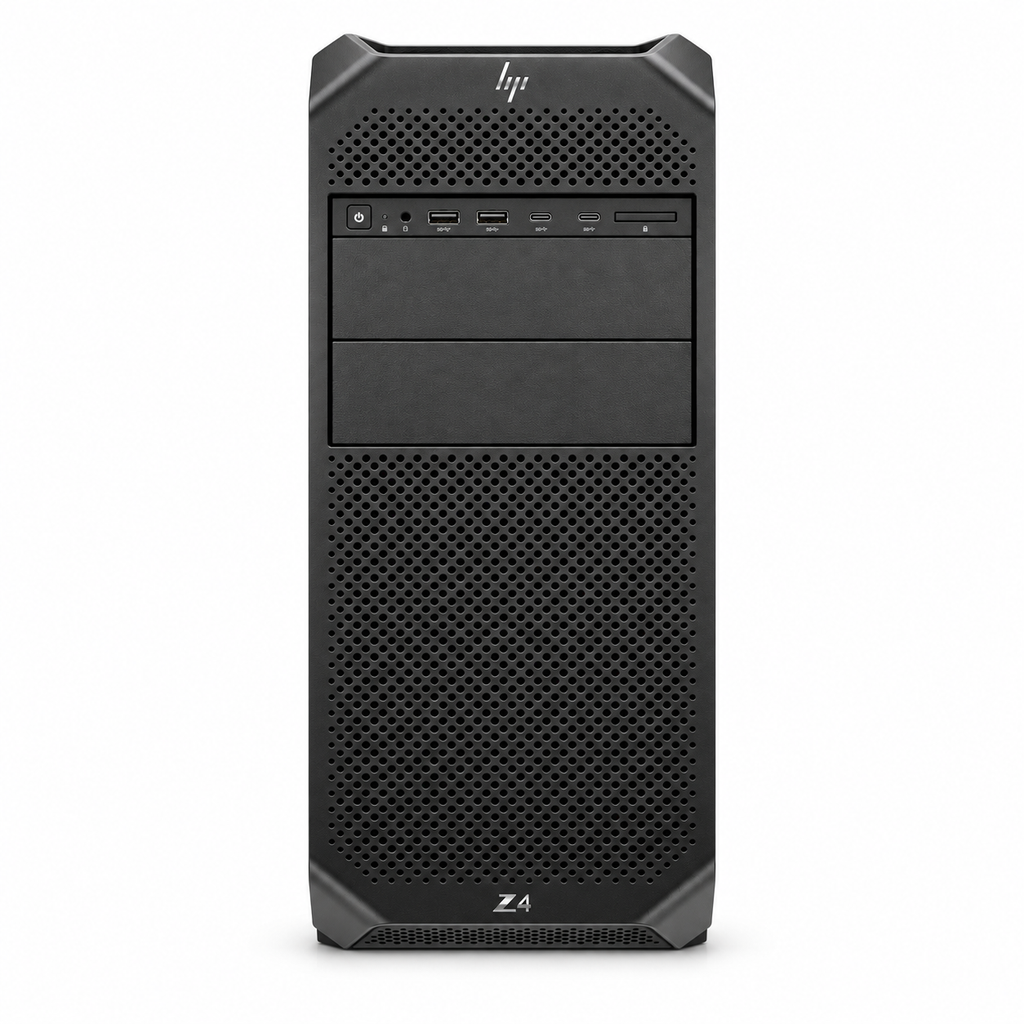 HP Z4 G5 front view with HP branding, perforated grille, drive bays and front USB connections on a plain white background.