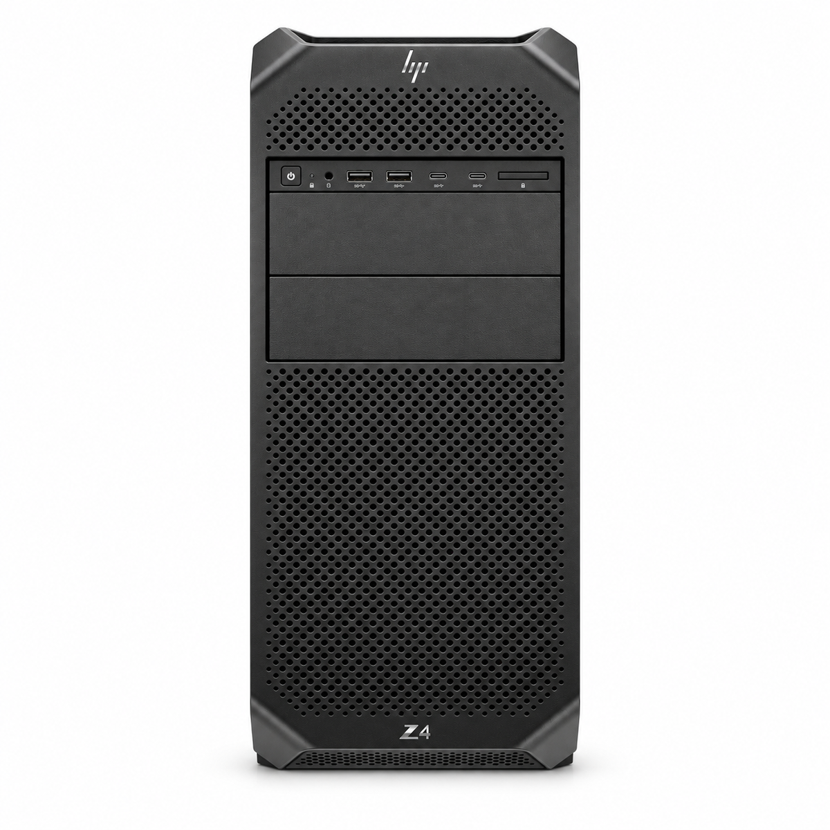 HP Z4 G5 front view with HP branding, perforated grille, drive bays and front USB connections on a plain white background.