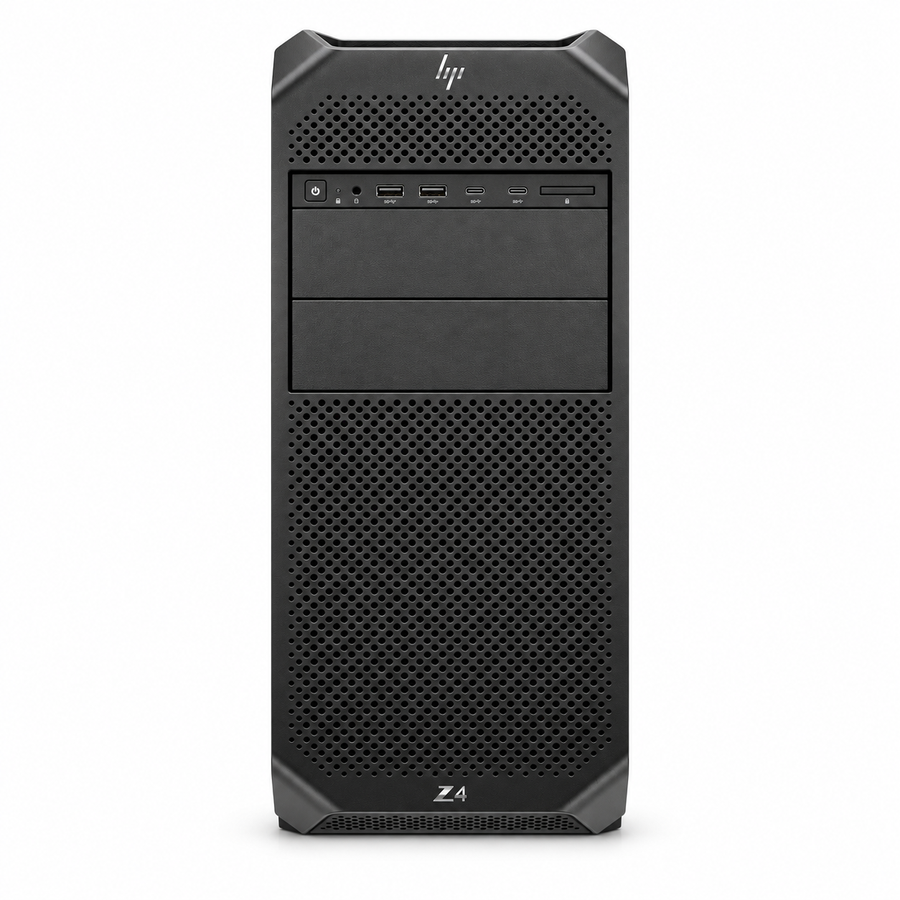 HP Z4 G5 front view with HP branding, perforated grille, drive bays and front USB connections on a plain white background.
