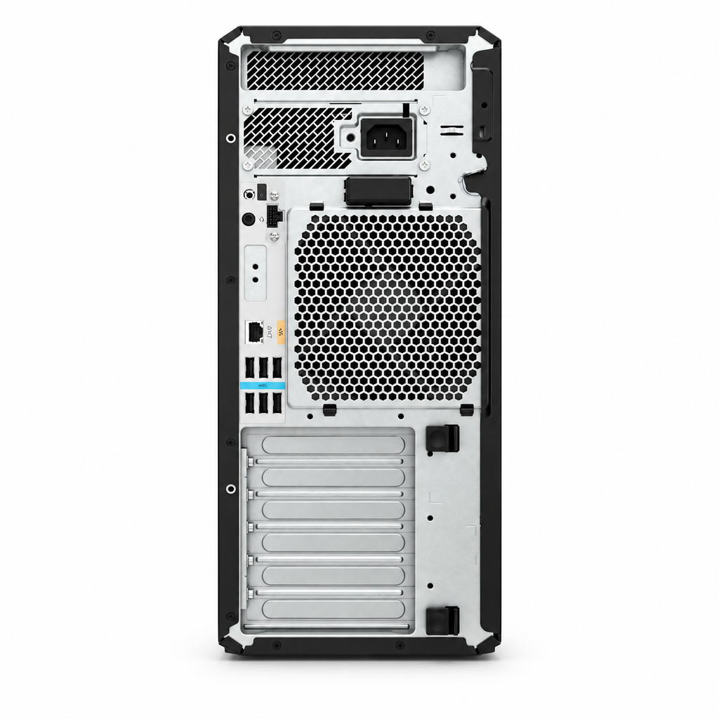 HP Z4 G5 rear view showing power inlet, ventilation, USB, Ethernet and expansion slots on a plain white background.