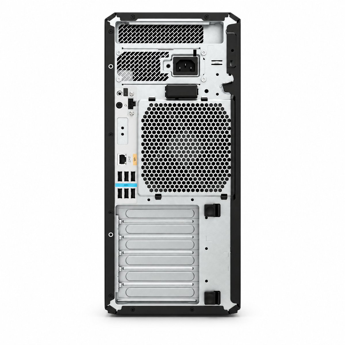 HP Z4 G5 rear view showing power inlet, ventilation, USB, Ethernet and expansion slots on a plain white background.