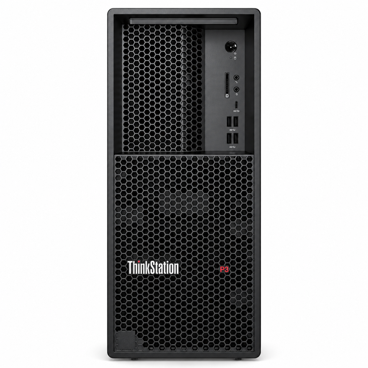 Lenovo ThinkStation P3 Tower Gen 2 front view with honeycomb grille, USB ports and ThinkStation branding on a plain white background.