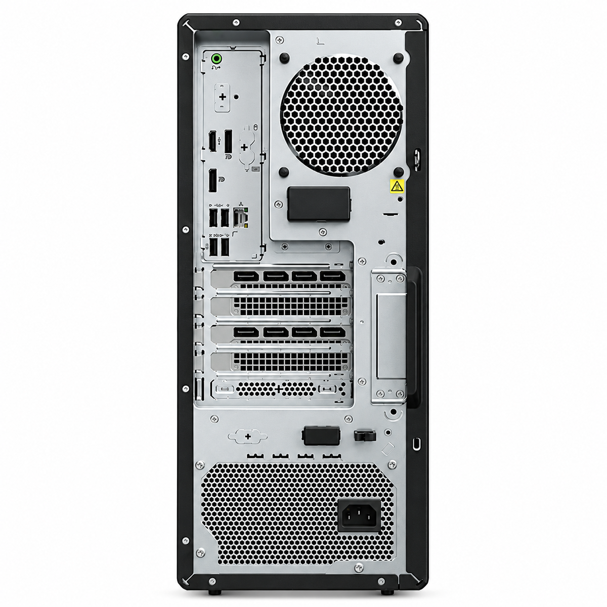 Lenovo ThinkStation P3 Tower Gen 2 rear view showing ventilation, power inlet, USB, Ethernet and expansion slots on white.
