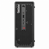 Lenovo ThinkStation P3 Ultra Gen 2 front view with compact chassis, USB ports and ThinkStation branding on a plain white background.