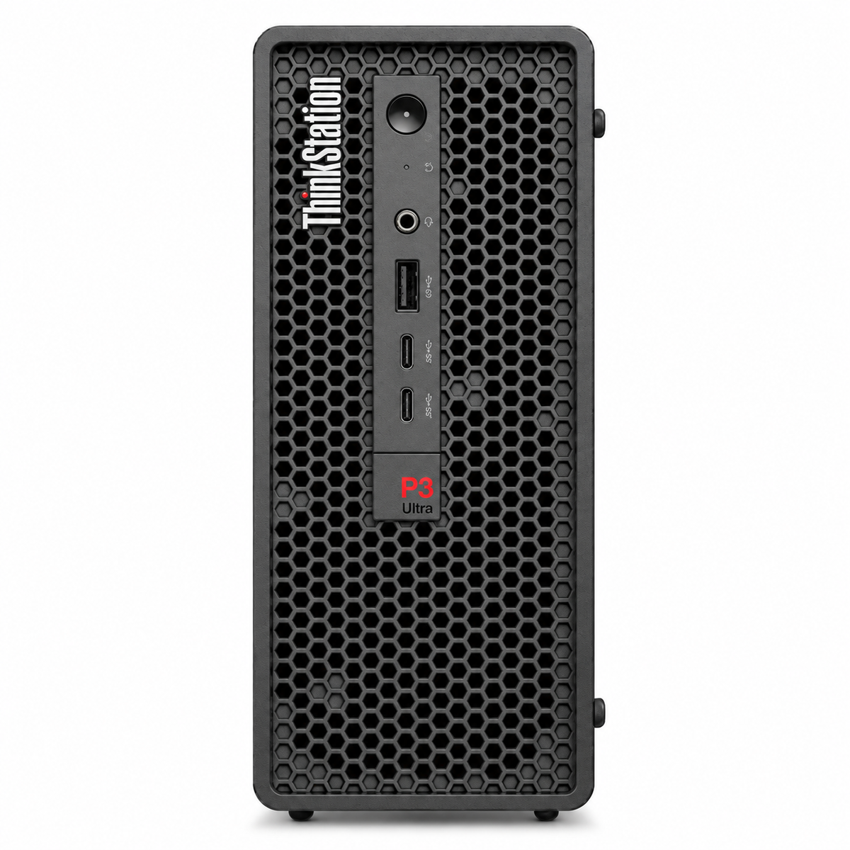 Lenovo ThinkStation P3 Ultra Gen 2 front view with compact chassis, USB ports and ThinkStation branding on a plain white background.