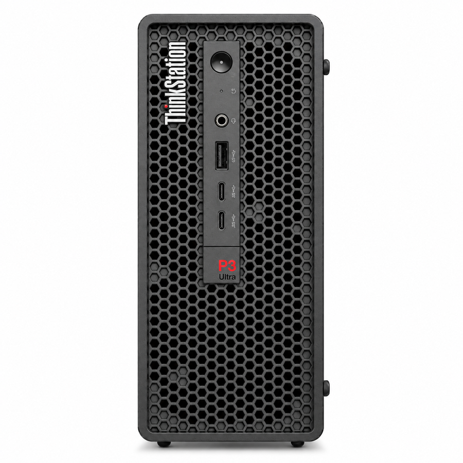 Lenovo ThinkStation P3 Ultra Gen 2 front view with compact chassis, USB ports and ThinkStation branding on a plain white background.