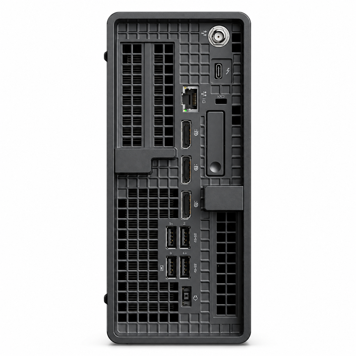 Lenovo ThinkStation P3 Ultra Gen 2 rear view showing ventilation, power connection, USB, Ethernet and display ports on white.