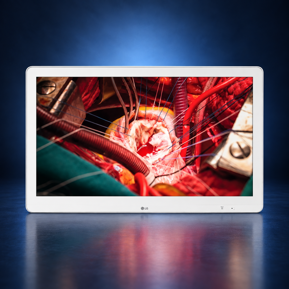 LG 27HK510S-W surgical monitor, front view of the white housing on a dark blue studio background.