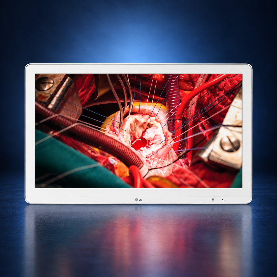 LG 27HK510S-W surgical monitor, front view of the white housing on a dark blue studio background.