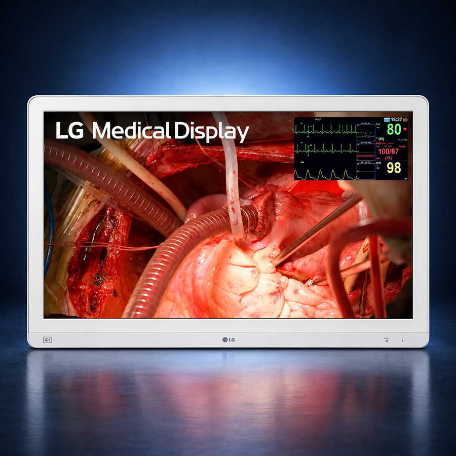 LG 27HQ710S-W surgical monitor, front view of the white housing on a dark blue studio background.