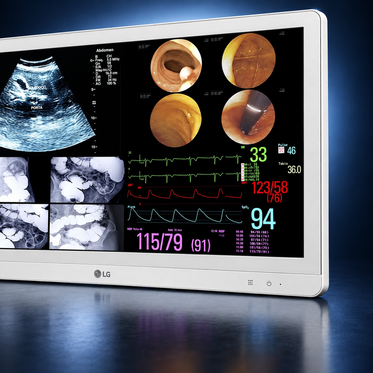 LG-32HL714S-W surgical monitor, front detail view of the bezel and controls, white housing against a dark blue studio background.