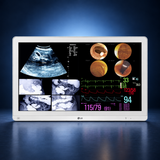 LG-32HL714S-W surgical monitor, front view, white housing against a dark blue studio background.