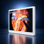 LG-32HR734S-W surgical monitor, angled front right view, white housing against a dark blue studio background.