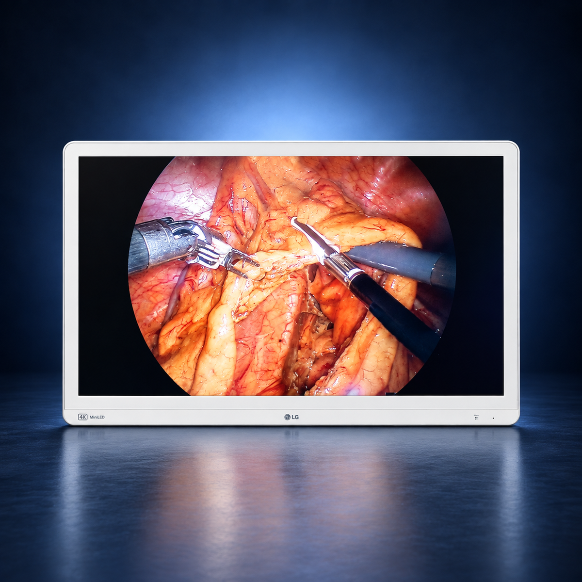 LG-32HR734S-W surgical monitor, front view, white housing against a dark blue studio background.