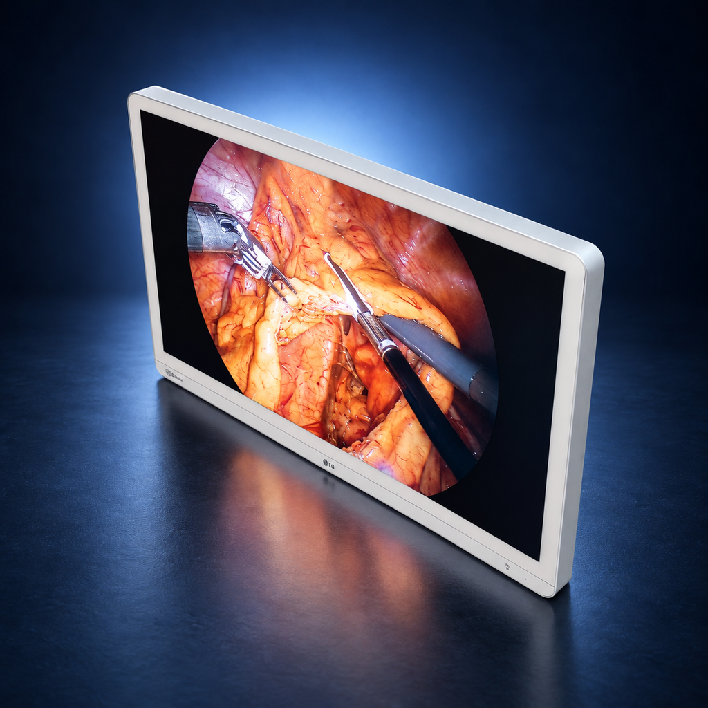 LG-32HR734S-W surgical monitor, high angle front view, white housing against a dark blue studio background.
