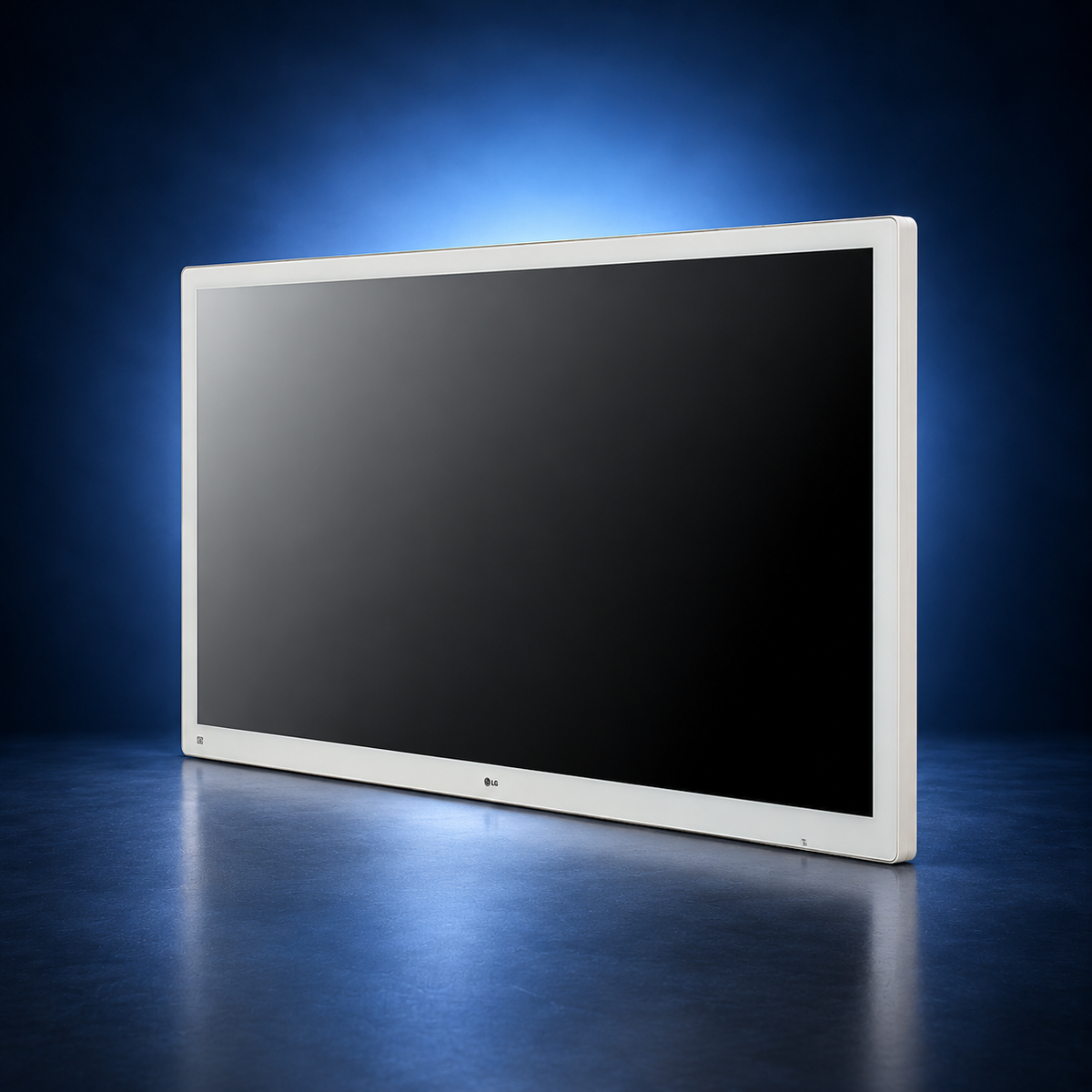LG-55MH5K-C surgical monitor, angled front view, white housing against a dark blue studio background.