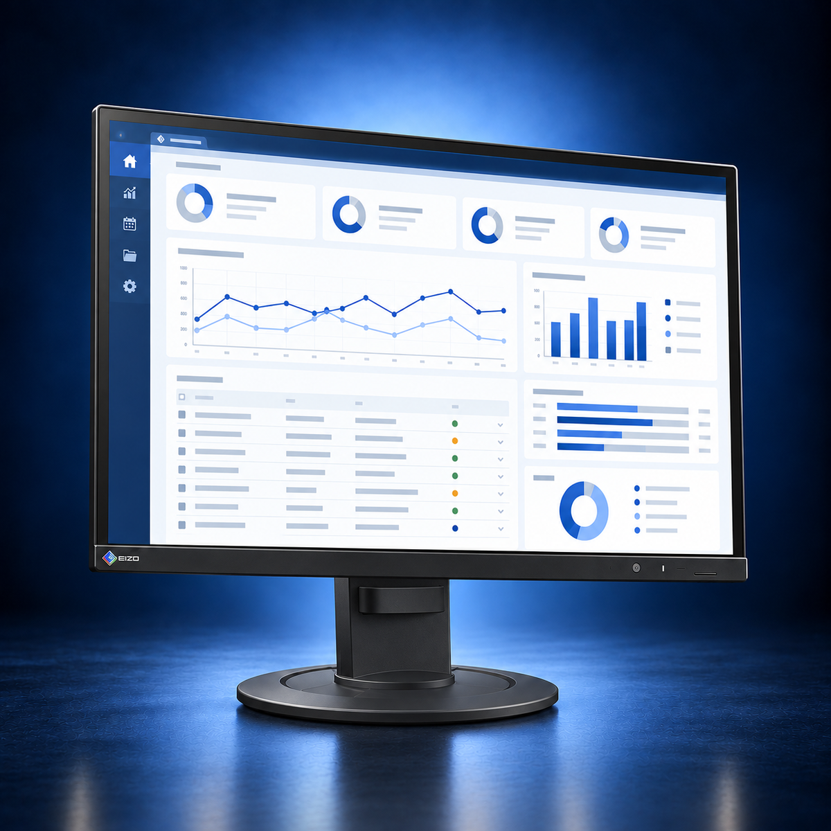 EIZO FlexScan EV2400R black monitor, angled front view showing the office dashboard, bezel, and full stand on a dark blue studio background.