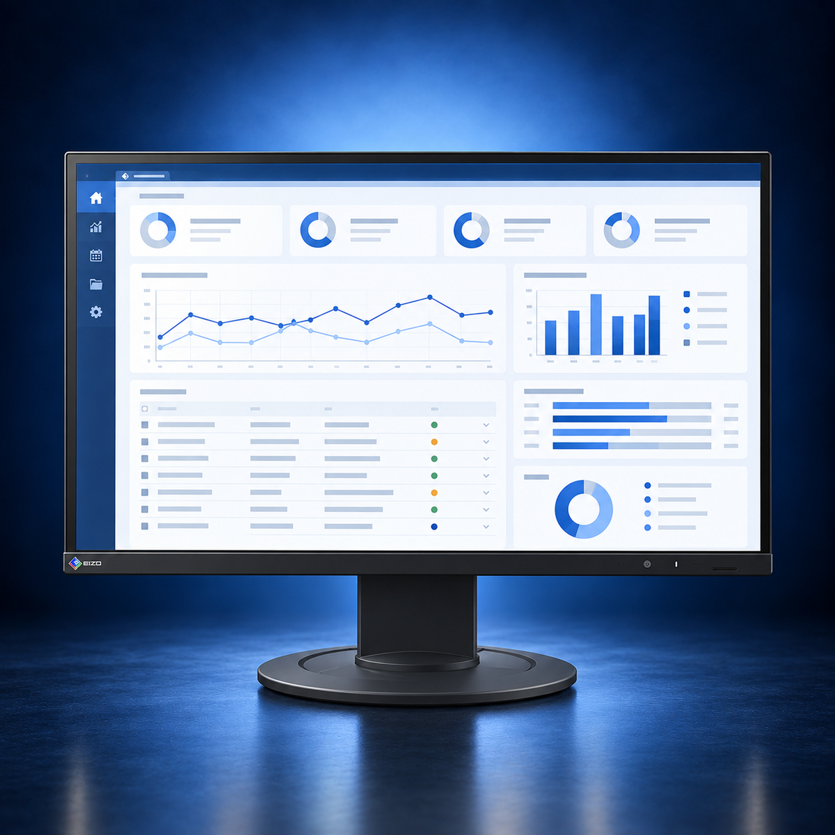 EIZO FlexScan EV2400R black monitor, front view with the full stand and base and a blue office dashboard on a dark blue studio background.