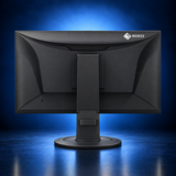 EIZO FlexScan EV2400R black monitor, rear view showing the housing, stand, and base on a dark blue studio background.