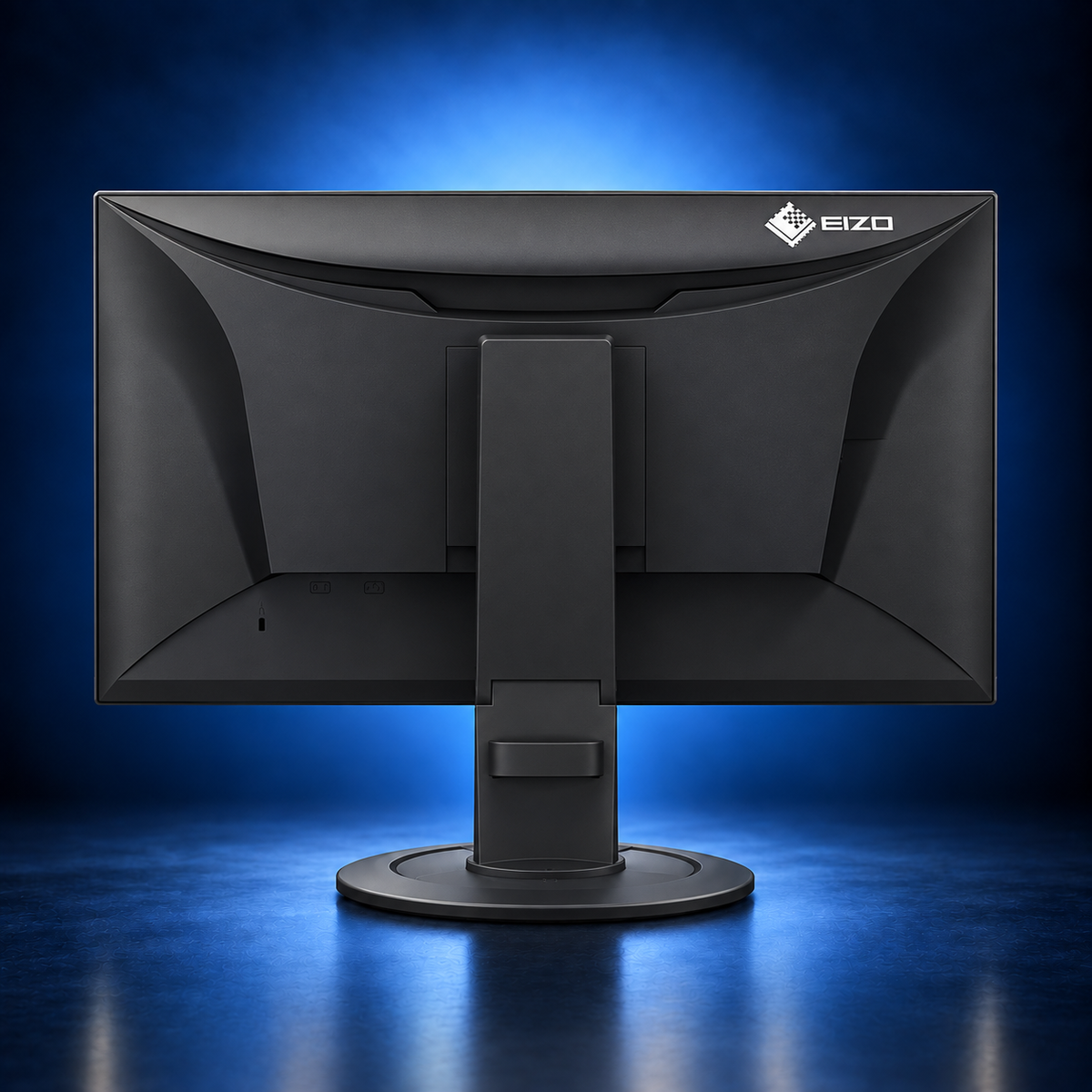 EIZO FlexScan EV2400R black monitor, rear view showing the housing, stand, and base on a dark blue studio background.