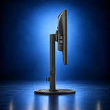 EIZO FlexScan EV2400R black monitor, side profile showing the panel depth, stand, and base on a dark blue studio background.