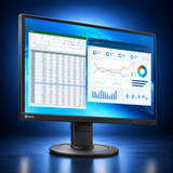 EIZO FlexScan EV2410R black monitor, angled front view showing the office dashboard, bezel, and full stand on a dark blue studio background.