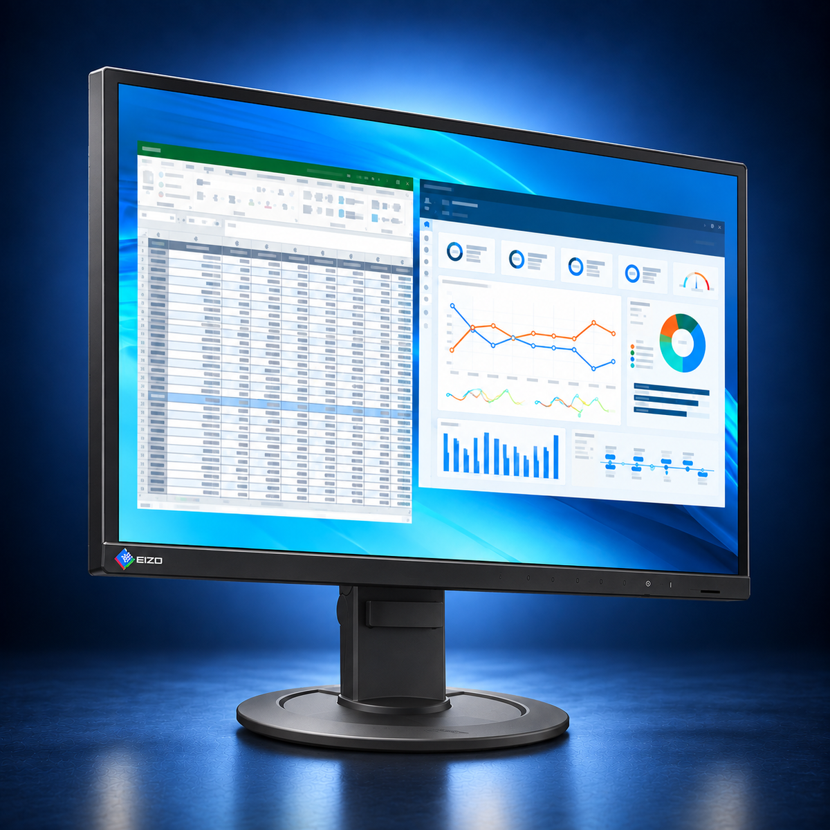 EIZO FlexScan EV2410R black monitor, angled front view showing the office dashboard, bezel, and full stand on a dark blue studio background.