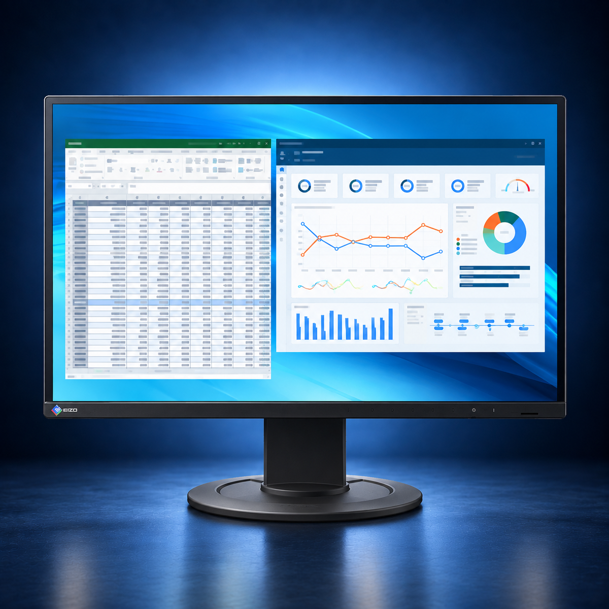 EIZO FlexScan EV2410R black monitor, front view with the full stand and base and a blue office dashboard on a dark blue studio background.