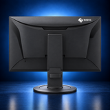 EIZO FlexScan EV2410R black monitor, rear view showing the housing, stand, and base on a dark blue studio background.