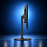 EIZO FlexScan EV2410R black monitor, side profile showing the panel depth, stand, and base on a dark blue studio background.