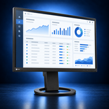 EIZO FlexScan EV2720S black monitor, angled front view showing the office dashboard, bezel, and full stand on a dark blue studio background.