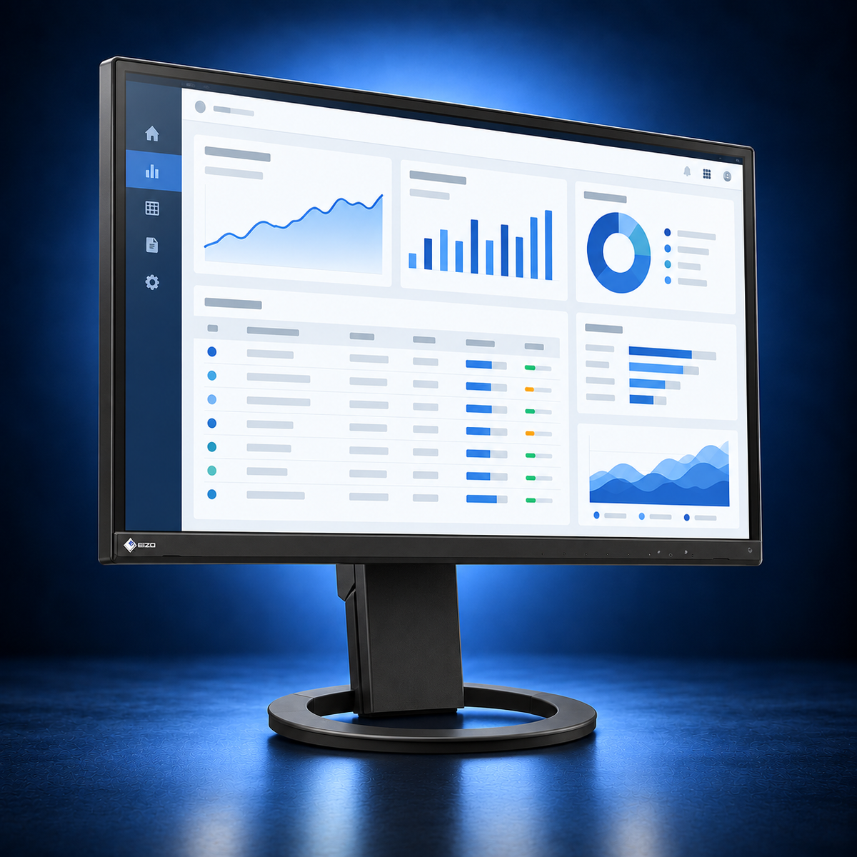 EIZO FlexScan EV2720S black monitor, angled front view showing the office dashboard, bezel, and full stand on a dark blue studio background.