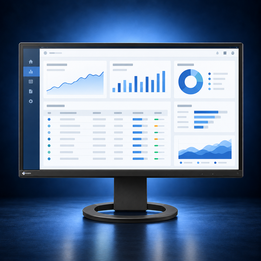 EIZO FlexScan EV2720S black monitor, front view with the full stand and base and a blue office dashboard on a dark blue studio background.