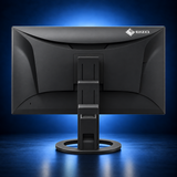 EIZO FlexScan EV2720S black monitor, rear view showing the housing, stand, and base on a dark blue studio background.