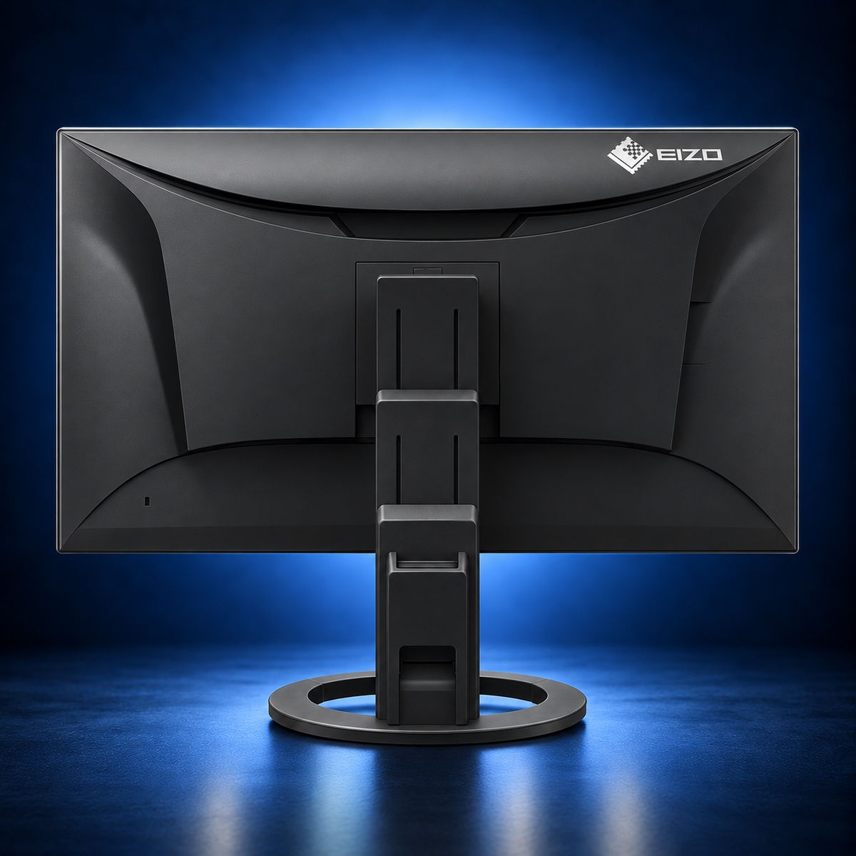 EIZO FlexScan EV2720S black monitor, rear view showing the housing, stand, and base on a dark blue studio background.