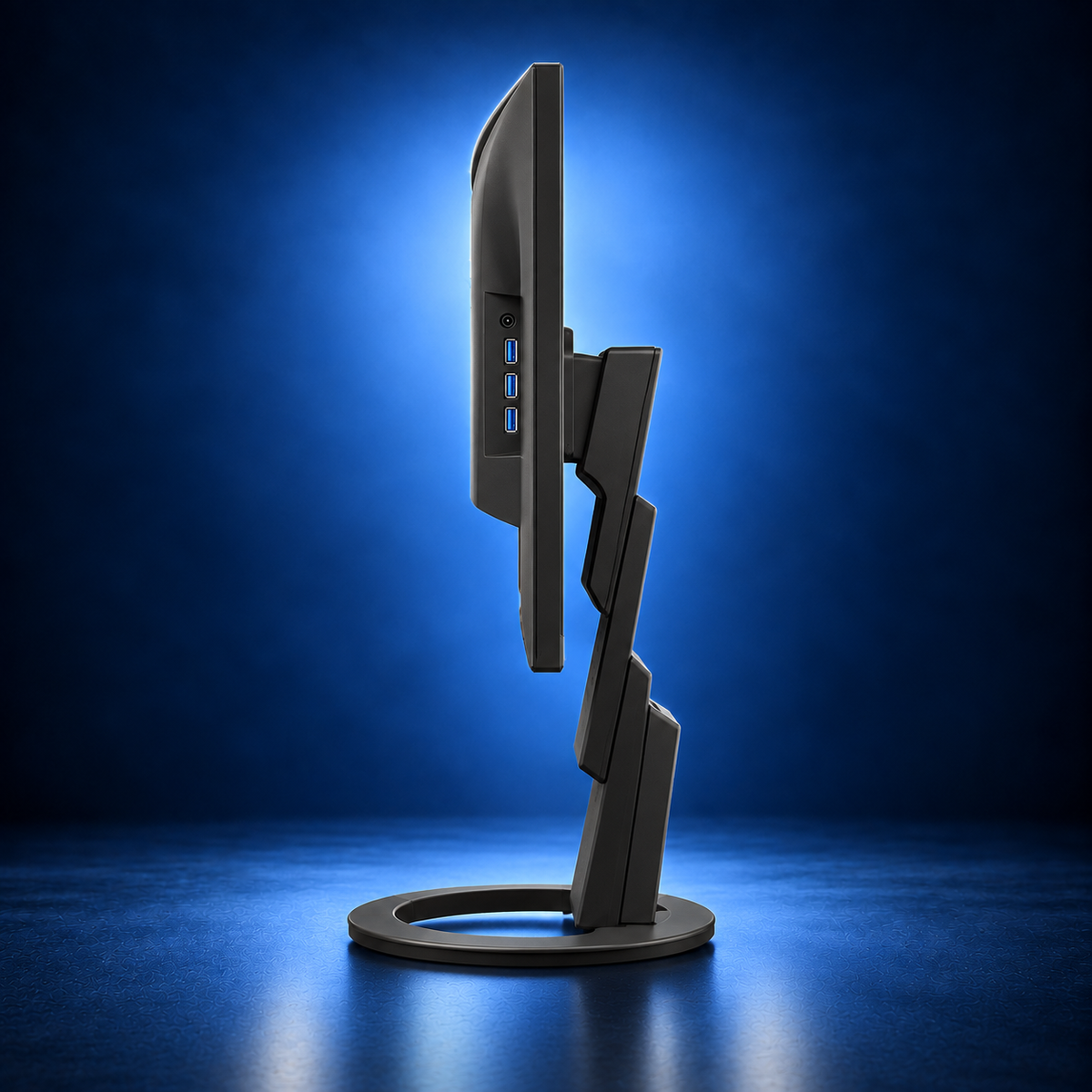 EIZO FlexScan EV2720S black monitor, side profile showing the panel depth, stand, and base on a dark blue studio background.