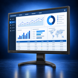 EIZO FlexScan EV2740X black monitor, angled front view showing the office dashboard and full stand on a dark blue studio background.