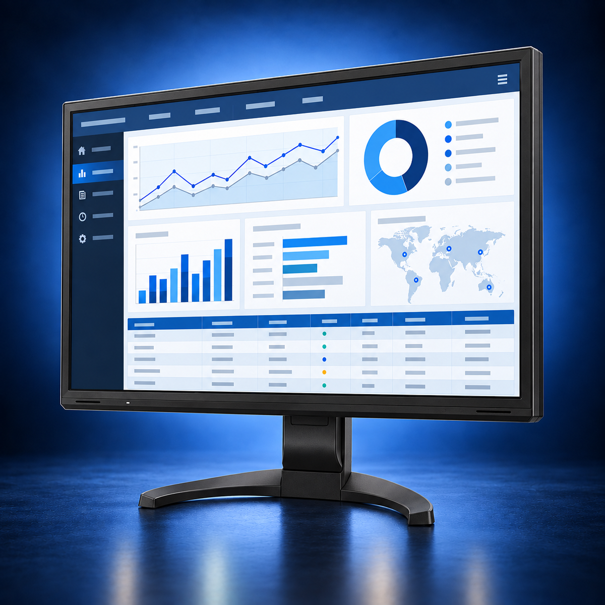 EIZO FlexScan EV2740X black monitor, angled front view showing the office dashboard and full stand on a dark blue studio background.