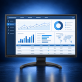 EIZO FlexScan EV2740X black monitor, front view with the full stand and base and a blue office dashboard on a dark blue studio background.
